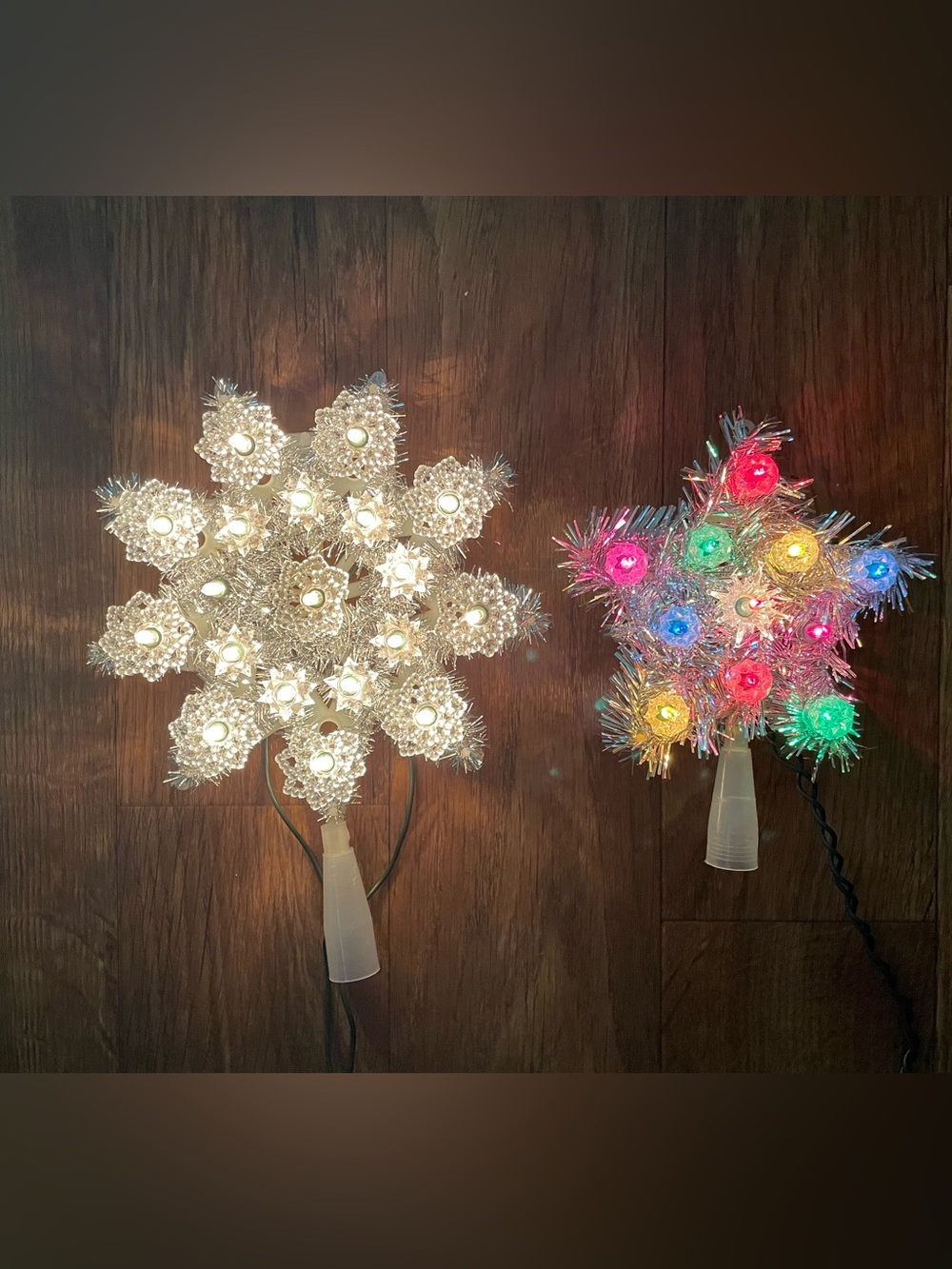Vintage Christmas Tree Star Toppers Lot 2 Lighted Tinsel Works Cozy Traditional